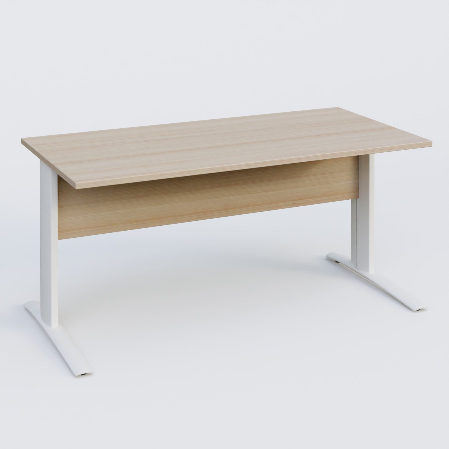 K1 Plateau droit 160x80 avec voile de fond bois. Plateau Acacia et pietement Blanc