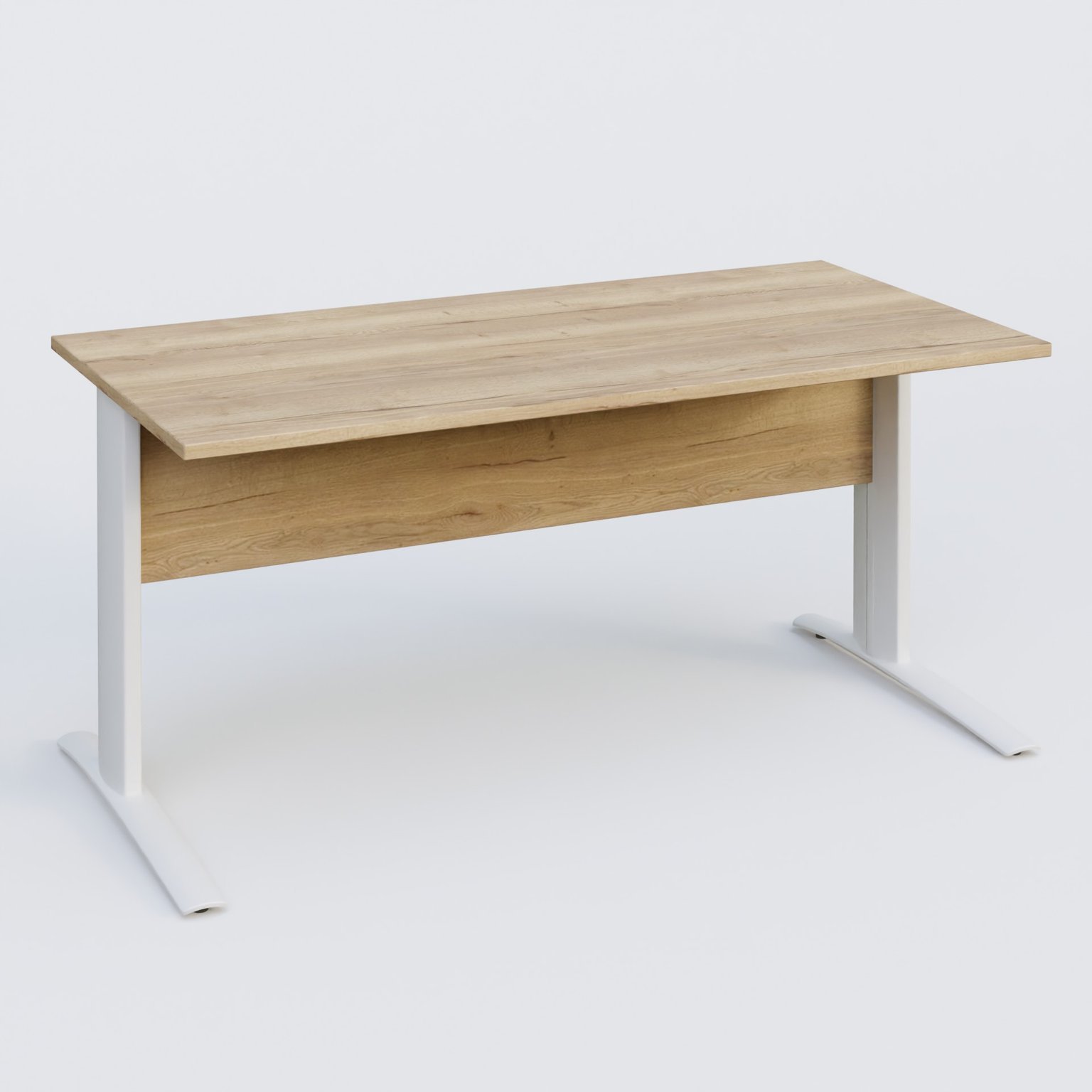 K1 Plateau droit 160x80 avec voile de fond bois. Plateau Chêne naturel et pietement Blanc