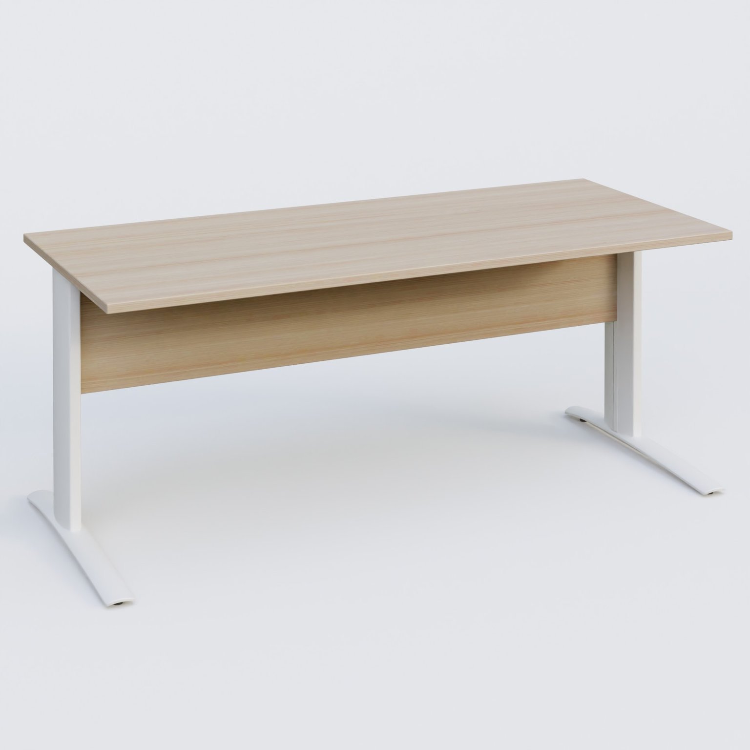 K1 Plateau droit 180x80 avec voile de fond bois. Plateau Acacia et pietement Blanc