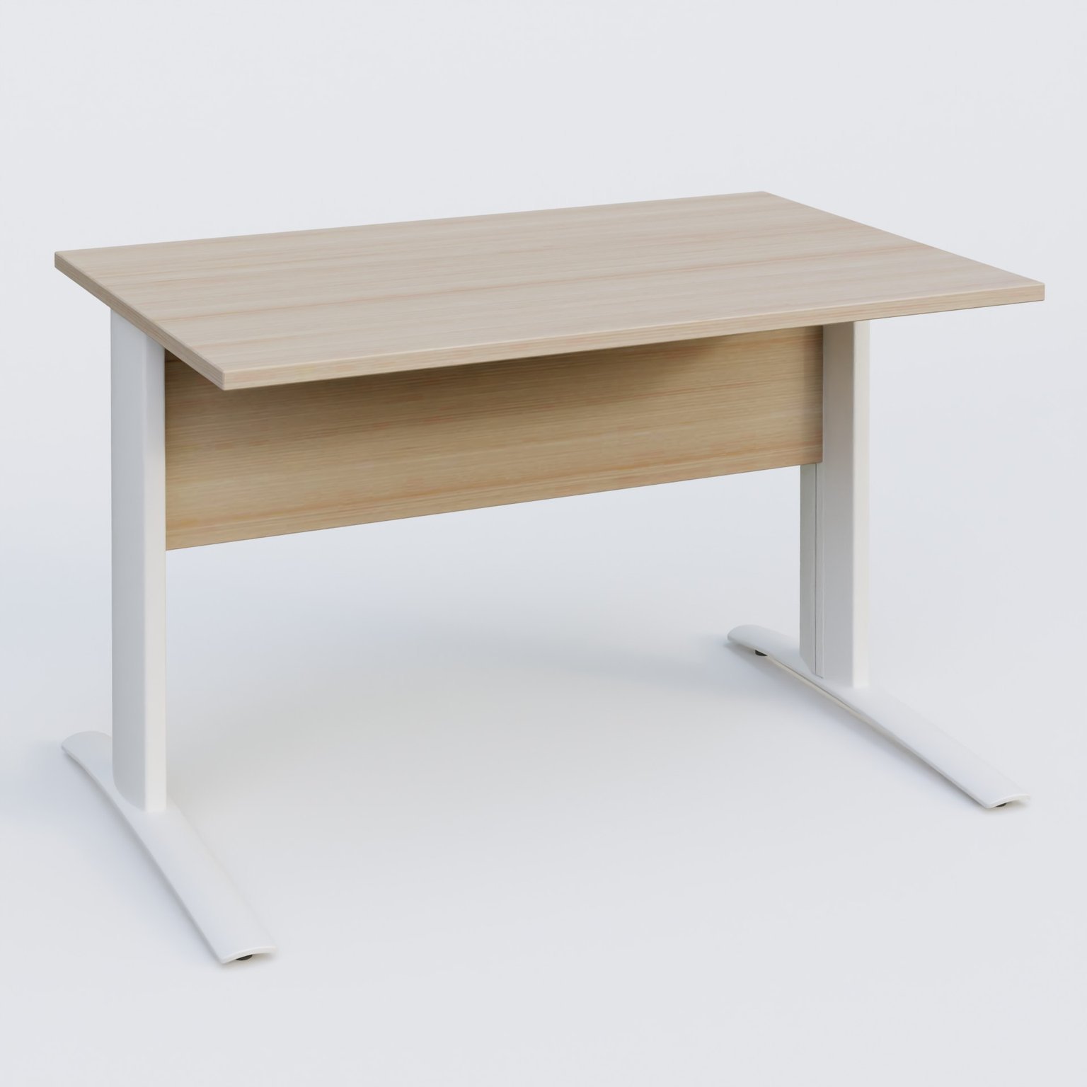 K1 Plateau droit 120x80 avec voile de fond bois. Plateau Acacia et pietement Blanc