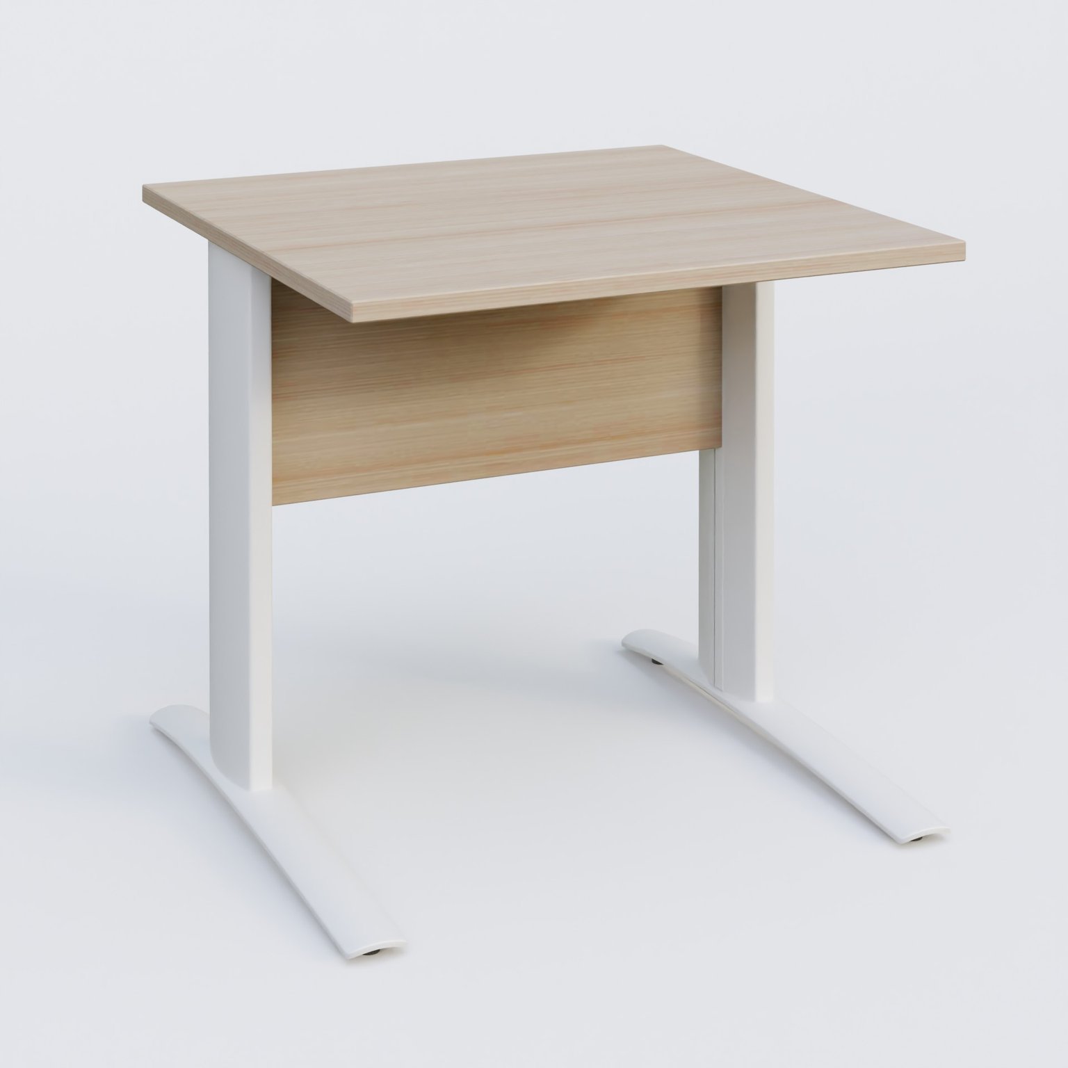 K1 Plateau droit 80x80 avec voile de fond bois. Plateau Acacia et pietement Blanc
