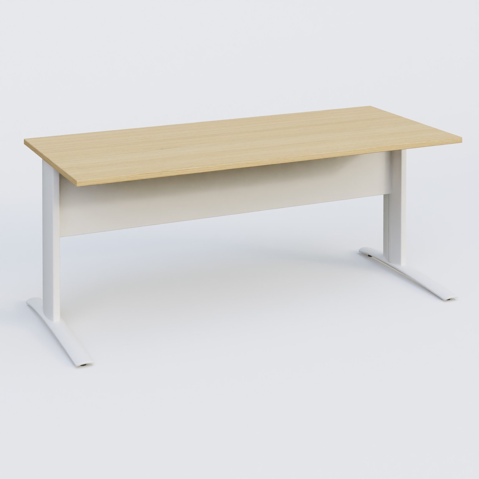K1 Plateau droit 180x80 avec voile de fond métal. Plateau Chêne clair et pietement Blanc