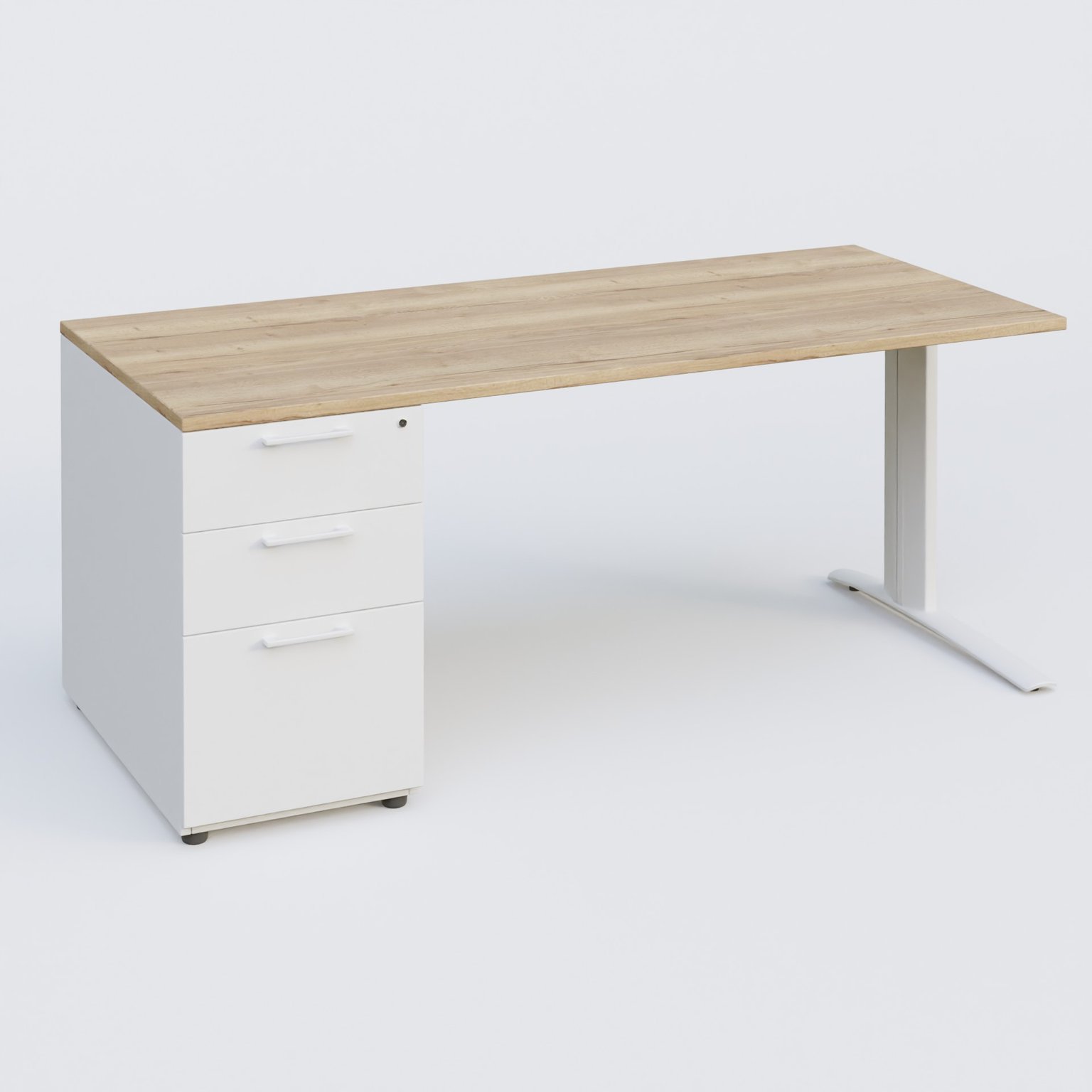 K1 Plateau droit 180x80 avec caisson porteur sous plateau mélamine à gauche. Plateau Chêne naturel et pietement Blanc