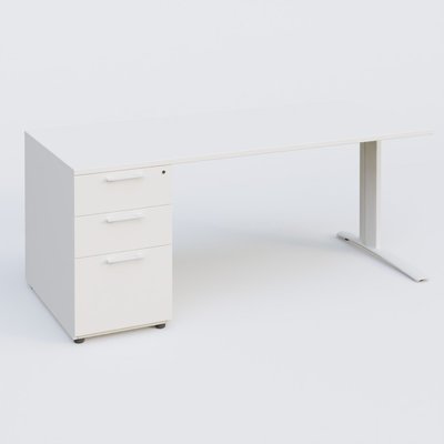 [Pas de famille] - [Pas de sous famille] - K1 Plateau droit 160x80 avec caisson porteur sous plateau mélamine à gauche. Plateau Blanc et pietement Blanc
