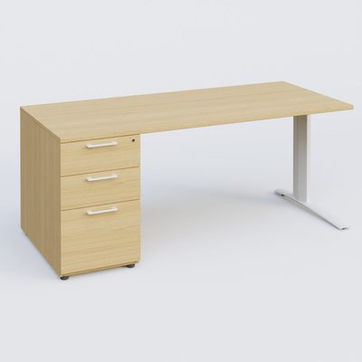 [Pas de famille] - [Pas de sous famille] - K1 Plateau droit 160x80 avec caisson porteur sous plateau mélamine à gauche. Plateau Chêne clair et pietement Blanc
