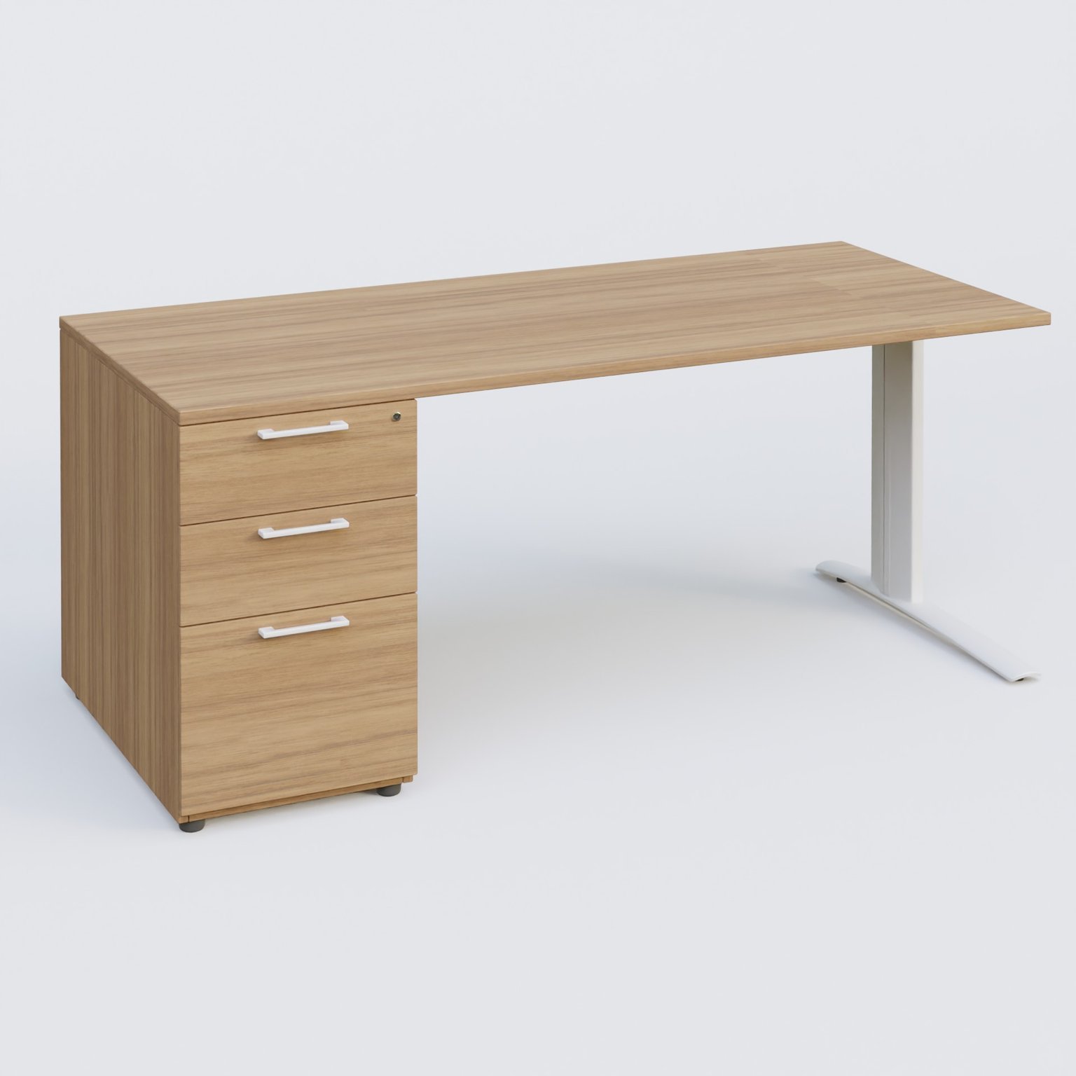 K1 Plateau droit 160x80 avec caisson porteur sous plateau mélamine à gauche. Plateau Noyer et pietement Blanc