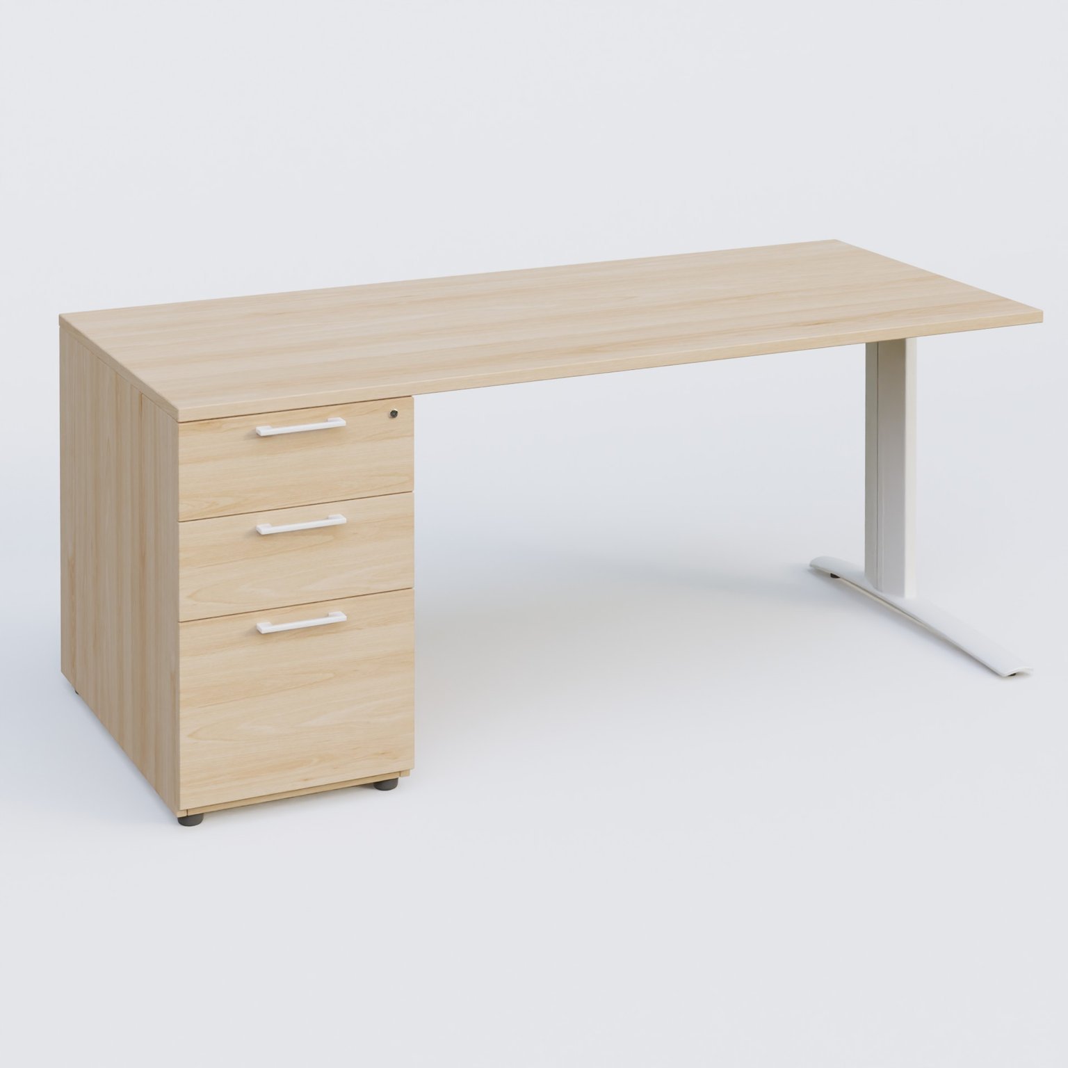 K1 Plateau droit 160x80 avec caisson porteur sous plateau mélamine à gauche. Plateau Hêtre et pietement Blanc