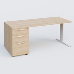 [Pas de famille] - [Pas de sous famille] - K1 Plateau droit 160x80 avec caisson porteur sous plateau mélamine à gauche. Plateau Hêtre et pietement Blanc