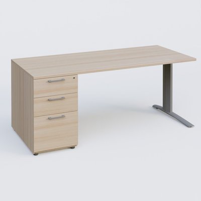 [Pas de famille] - [Pas de sous famille] - K1 Plateau droit 160x80 avec caisson porteur sous plateau mélamine à gauche. Plateau Acacia et pietement Aluminium