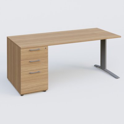 [Pas de famille] - [Pas de sous famille] - K1 Plateau droit 160x80 avec caisson porteur sous plateau mélamine à gauche. Plateau Noyer et pietement Aluminium