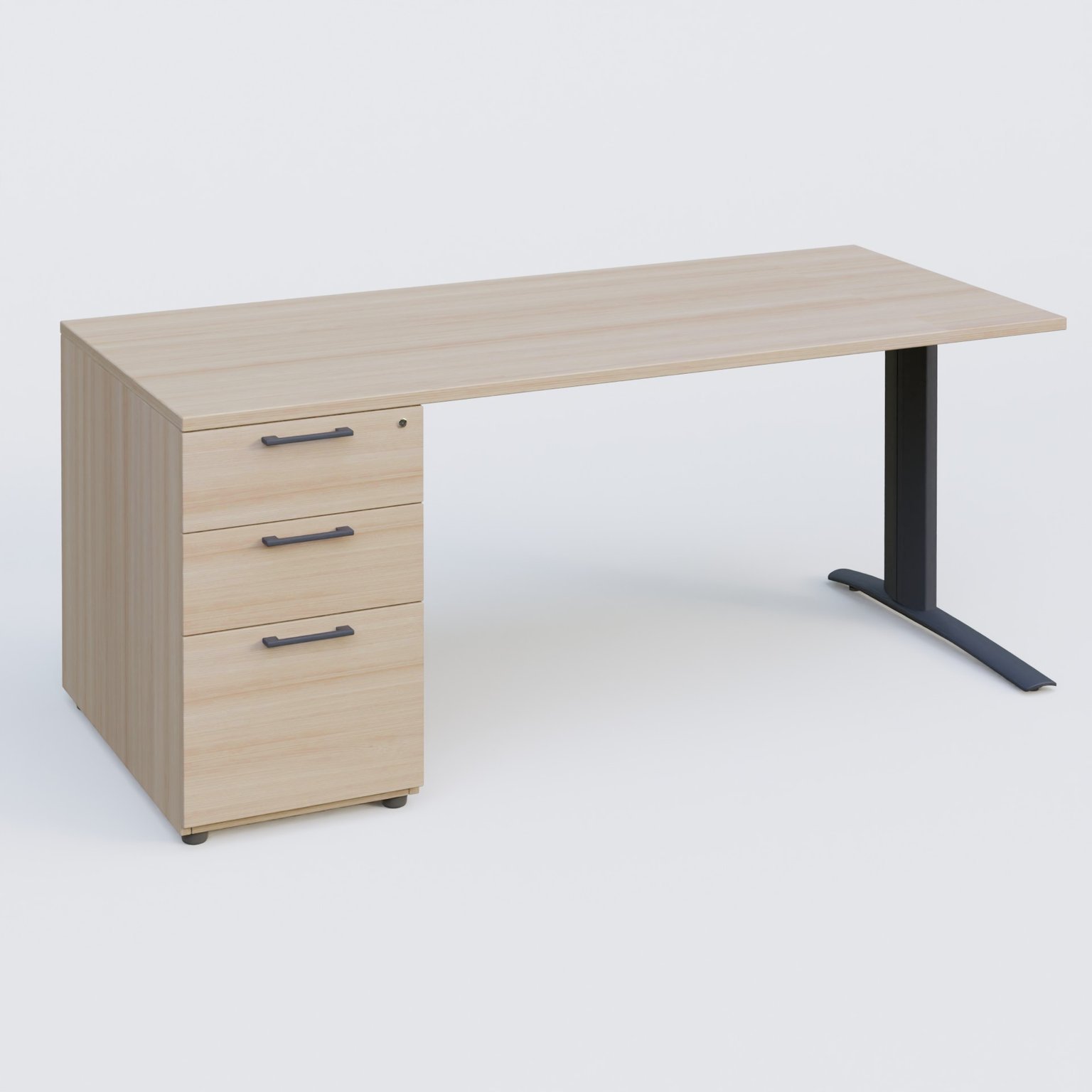 K1 Plateau droit 160x80 avec caisson porteur sous plateau mélamine à gauche. Plateau Acacia et pietement Anthracite