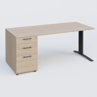 [Pas de famille] - [Pas de sous famille] - K1 Plateau droit 160x80 avec caisson porteur sous plateau mélamine à gauche. Plateau Acacia et pietement Anthracite