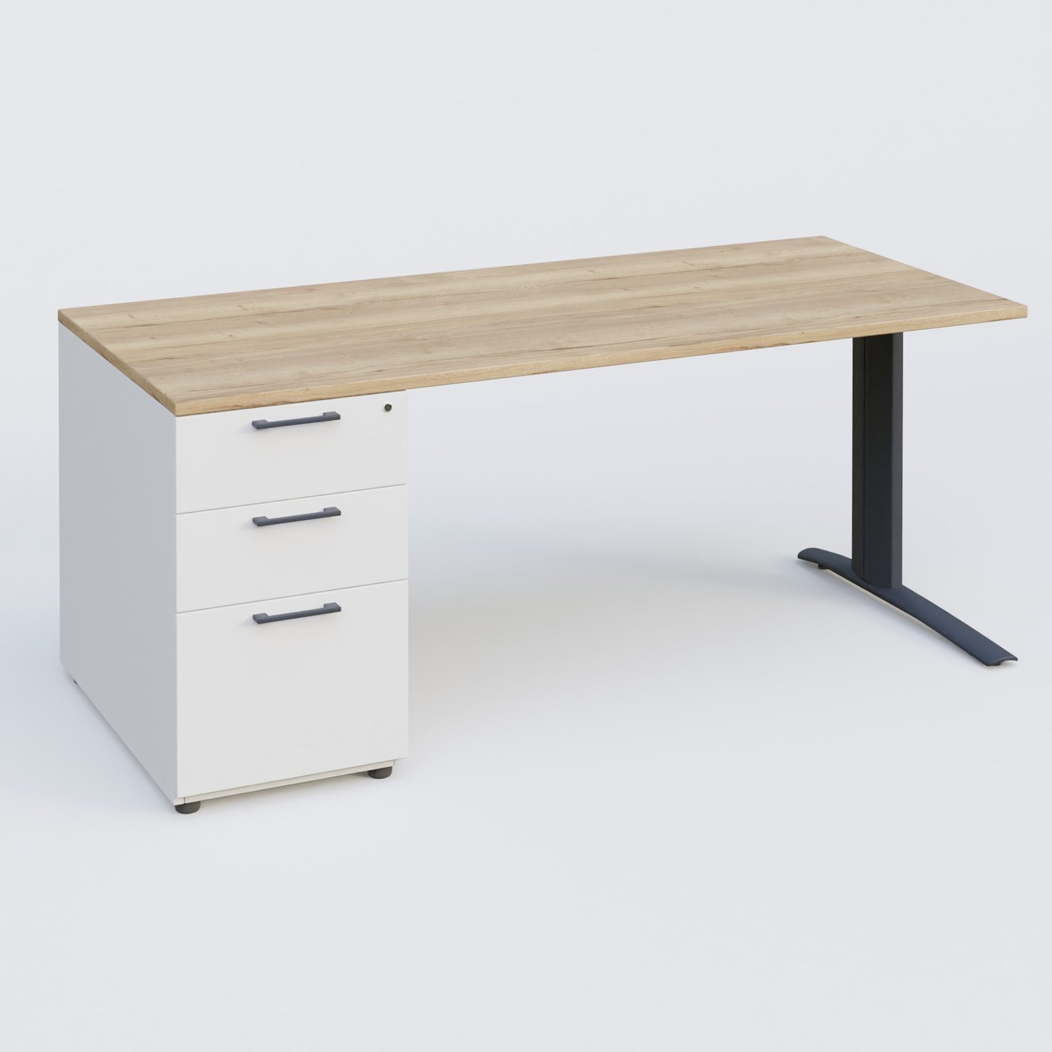 K1 Plateau droit 160x80 avec caisson porteur sous plateau mélamine à gauche. Plateau Chêne naturel et pietement Anthracite
