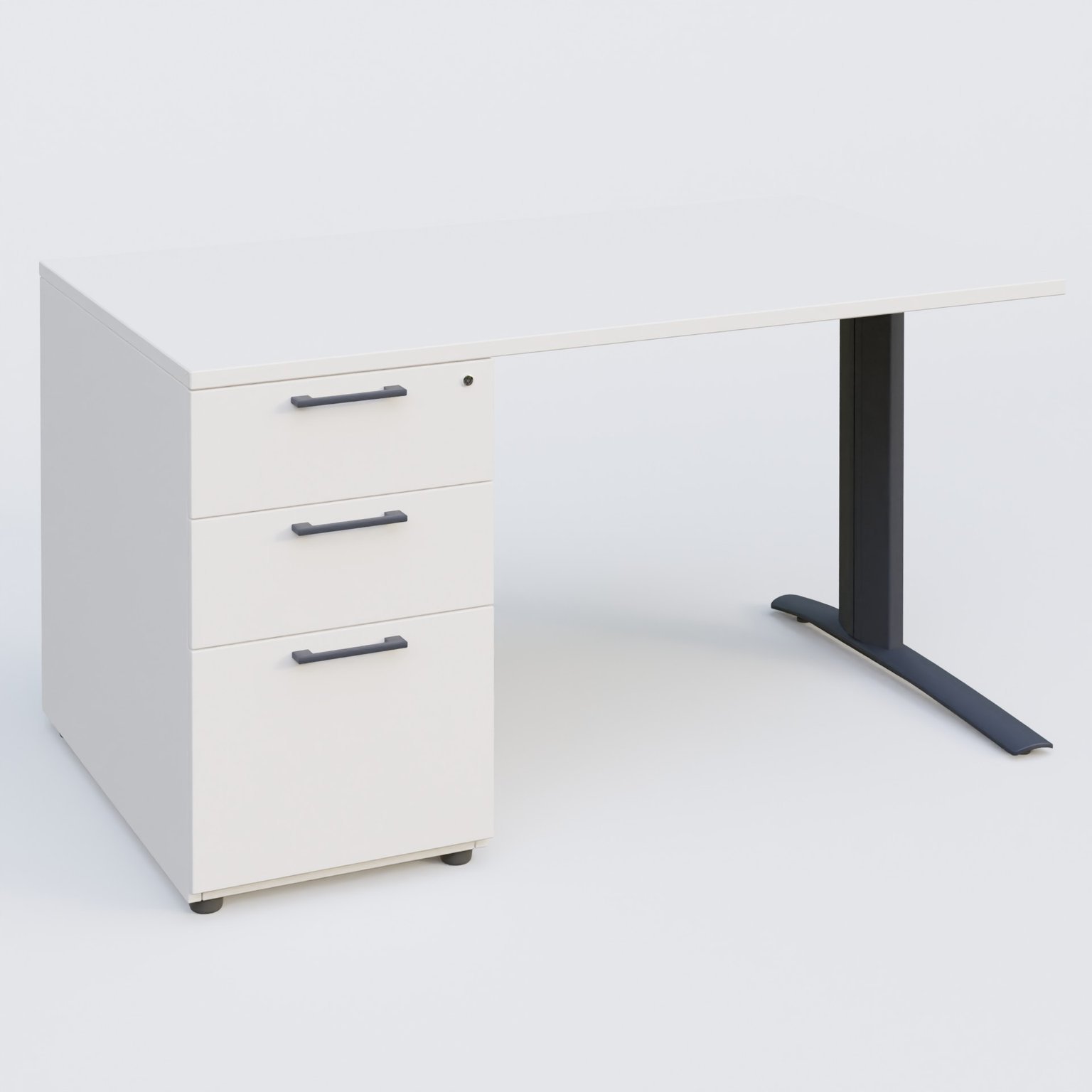K1 Plateau droit 140x80 avec caisson porteur sous plateau mélamine à gauche. Plateau Blanc et pietement Anthracite