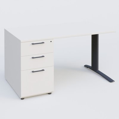 [Pas de famille] - [Pas de sous famille] - K1 Plateau droit 140x80 avec caisson porteur sous plateau mélamine à gauche. Plateau Blanc et pietement Anthracite