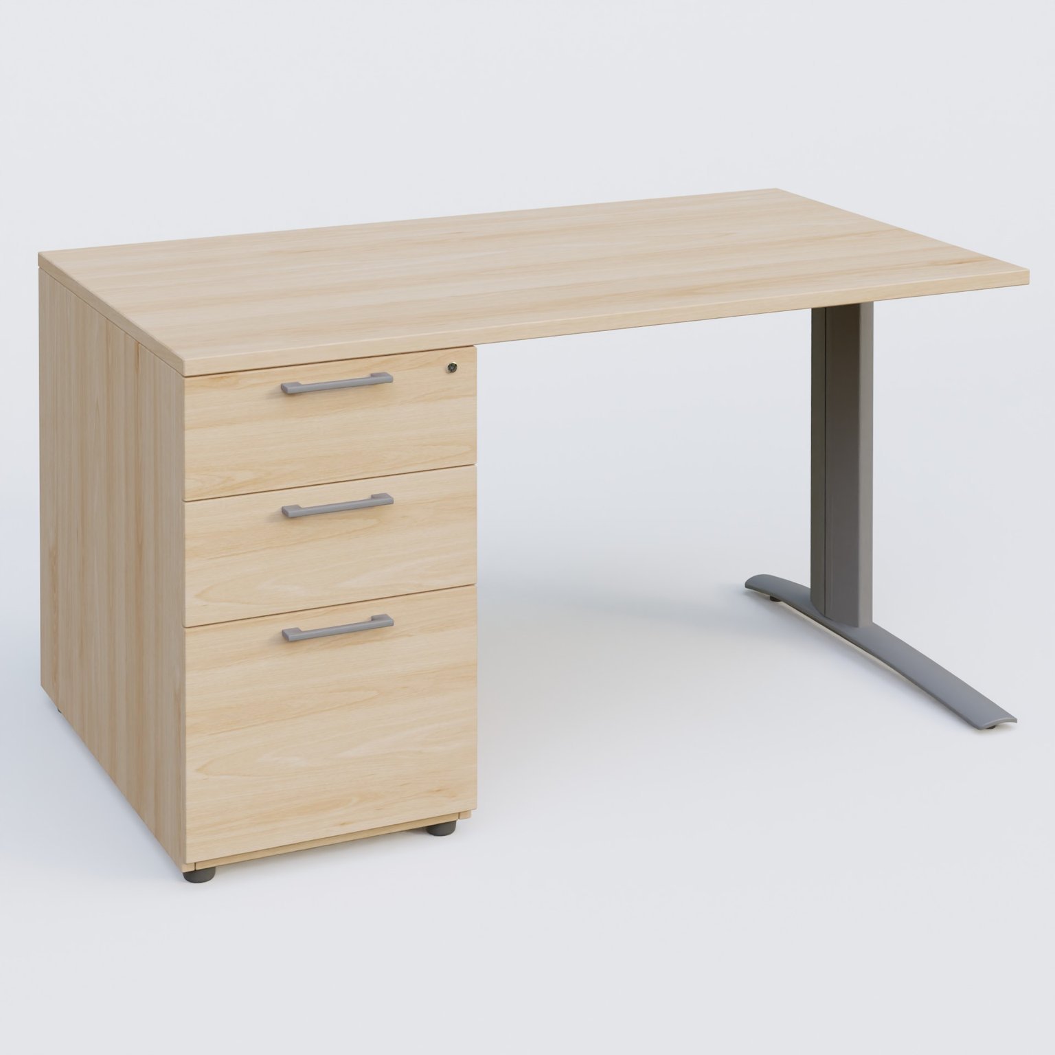 K1 Plateau droit 140x80 avec caisson porteur sous plateau mélamine à gauche. Plateau Hêtre et pietement Aluminium