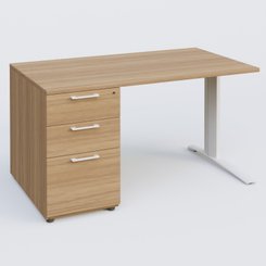 [Pas de famille] - [Pas de sous famille] - K1 Plateau droit 140x80 avec caisson porteur sous plateau mélamine à gauche. Plateau Noyer et pietement Blanc