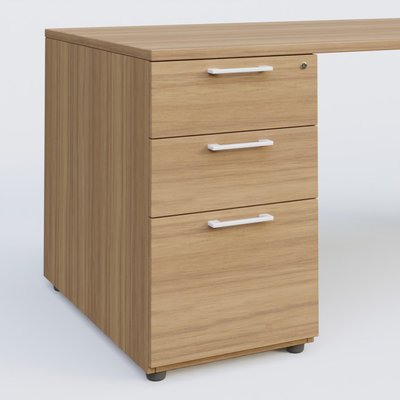 [Pas de famille] - [Pas de sous famille] - K1 Plateau droit 140x80 avec caisson porteur sous plateau mélamine à gauche. Plateau Noyer et pietement Blanc