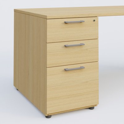 [Pas de famille] - [Pas de sous famille] - K1 Plateau droit 140x80 avec caisson porteur sous plateau mélamine à gauche. Plateau Chêne clair et pietement Aluminium