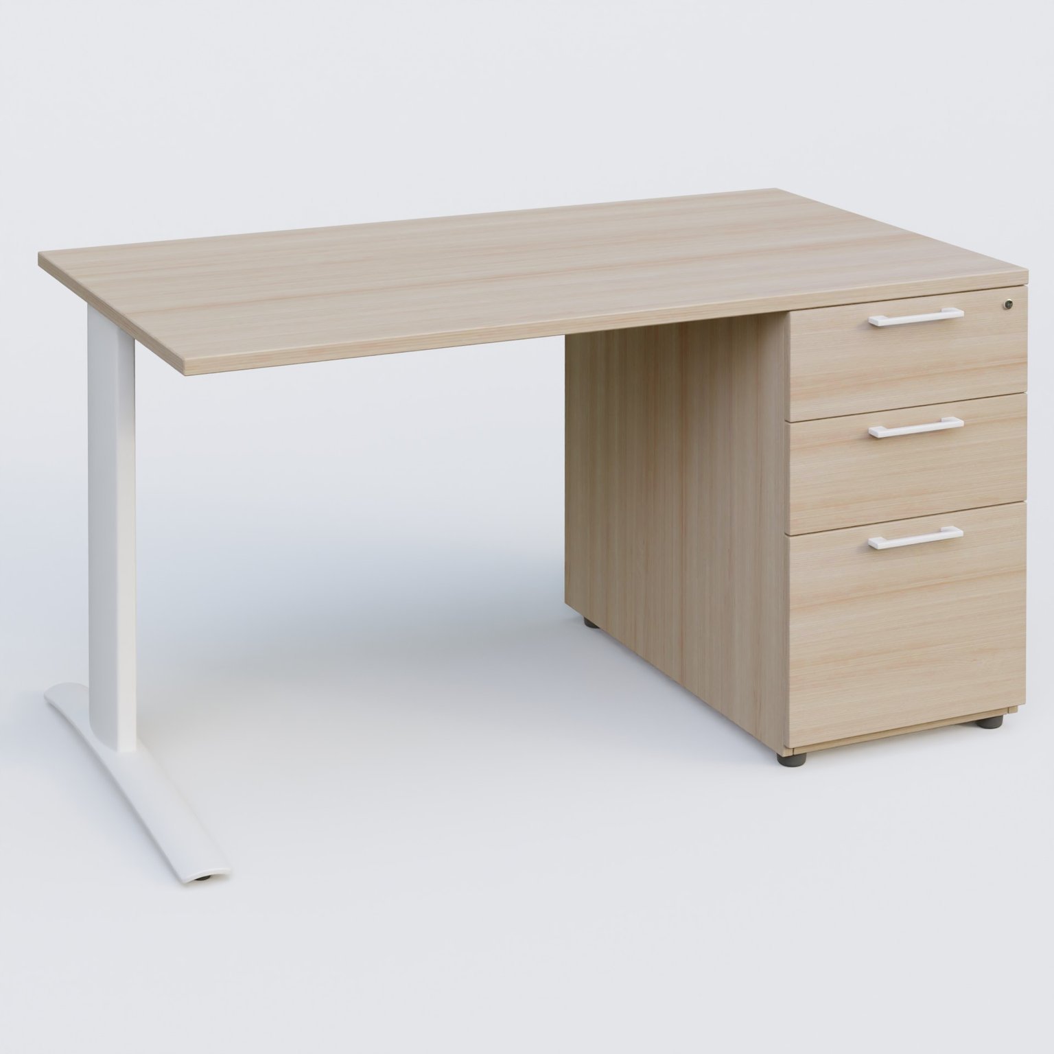 K1 Plateau droit 140x80 avec caisson porteur sous plateau mélamine à droite. Plateau Acacia et pietement Blanc