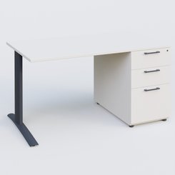 [Pas de famille] - [Pas de sous famille] - K1 Plateau droit 140x80 avec caisson porteur sous plateau mélamine à droite. Plateau Blanc et pietement Anthracite