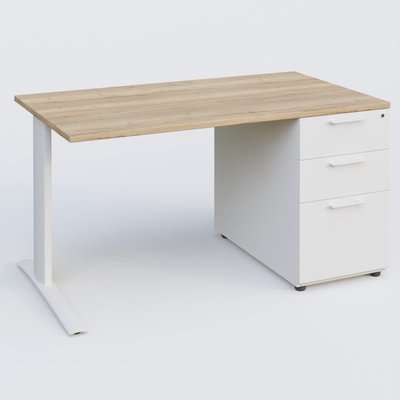 [Pas de famille] - [Pas de sous famille] - K1 Plateau droit 140x80 avec caisson porteur sous plateau mélamine à droite. Plateau Chêne naturel et pietement Blanc