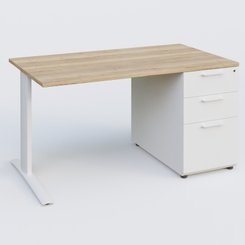 [Pas de famille] - [Pas de sous famille] - K1 Plateau droit 140x80 avec caisson porteur sous plateau mélamine à droite. Plateau Chêne naturel et pietement Blanc