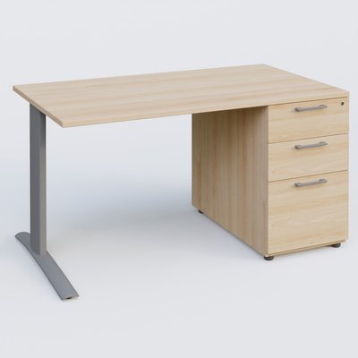 [Pas de famille] - [Pas de sous famille] - K1 Plateau droit 140x80 avec caisson porteur sous plateau mélamine à droite. Plateau Hêtre et pietement Aluminium
