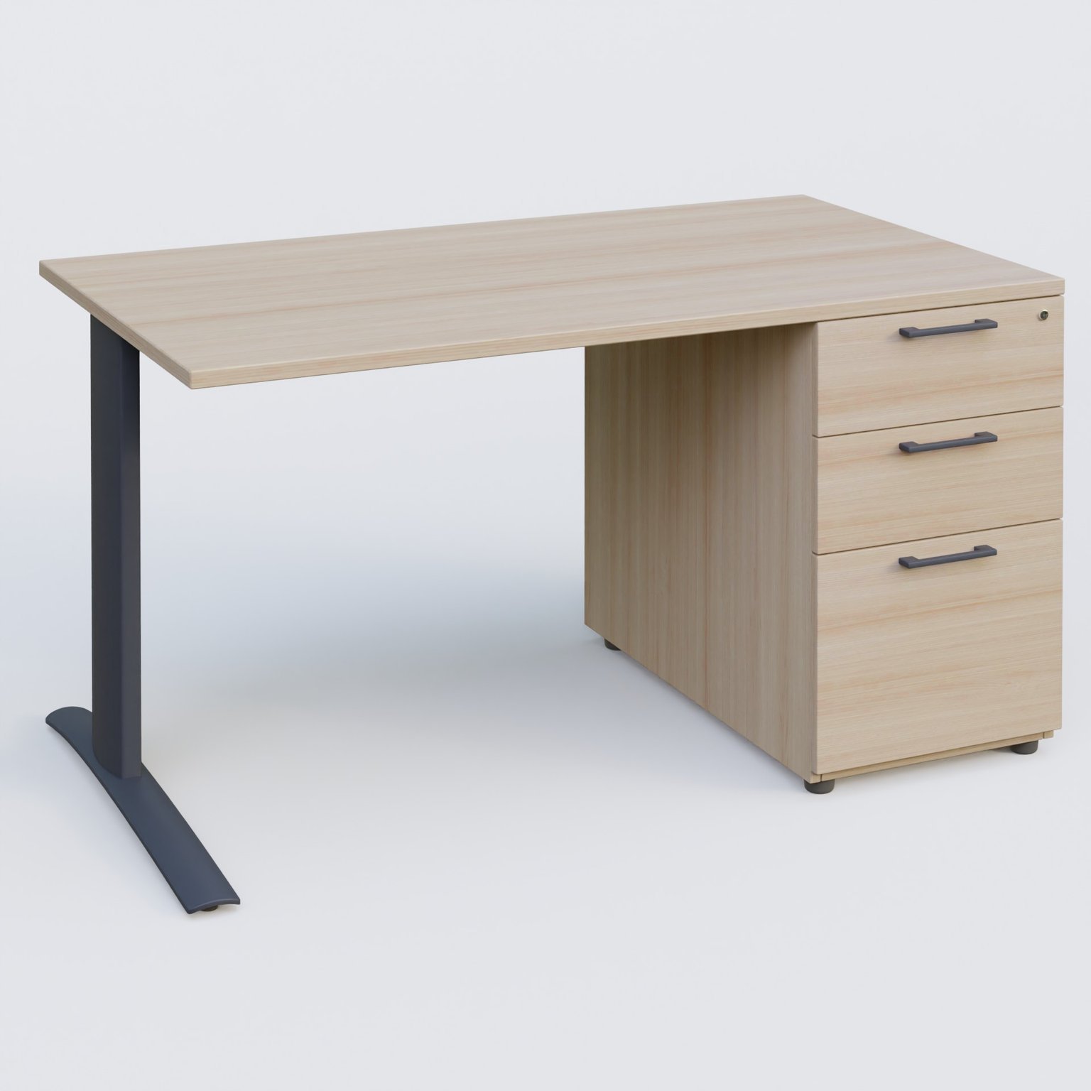 K1 Plateau droit 140x80 avec caisson porteur sous plateau mélamine à droite. Plateau Acacia et pietement Anthracite
