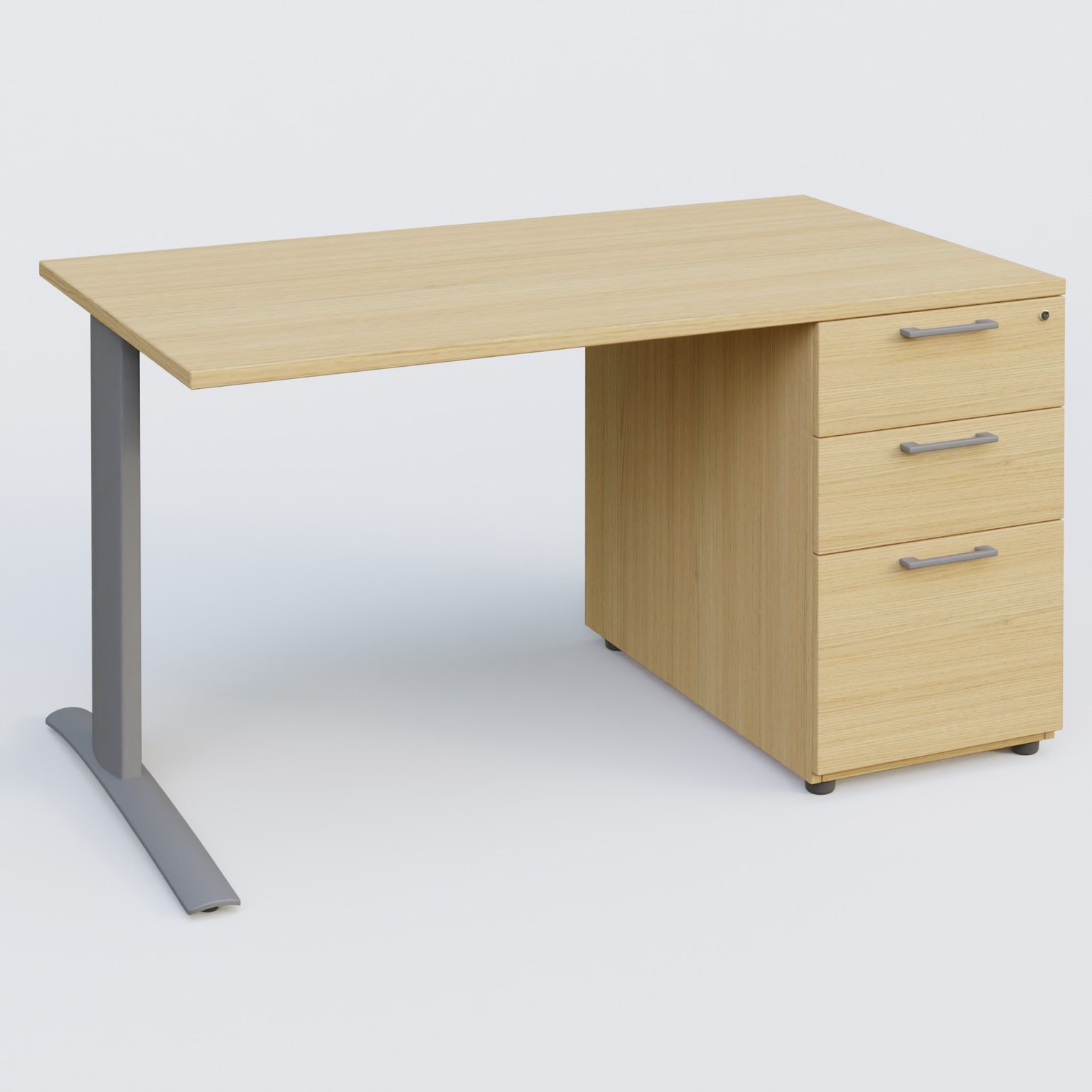 K1 Plateau droit 140x80 avec caisson porteur sous plateau mélamine à droite. Plateau Chêne clair et pietement Aluminium