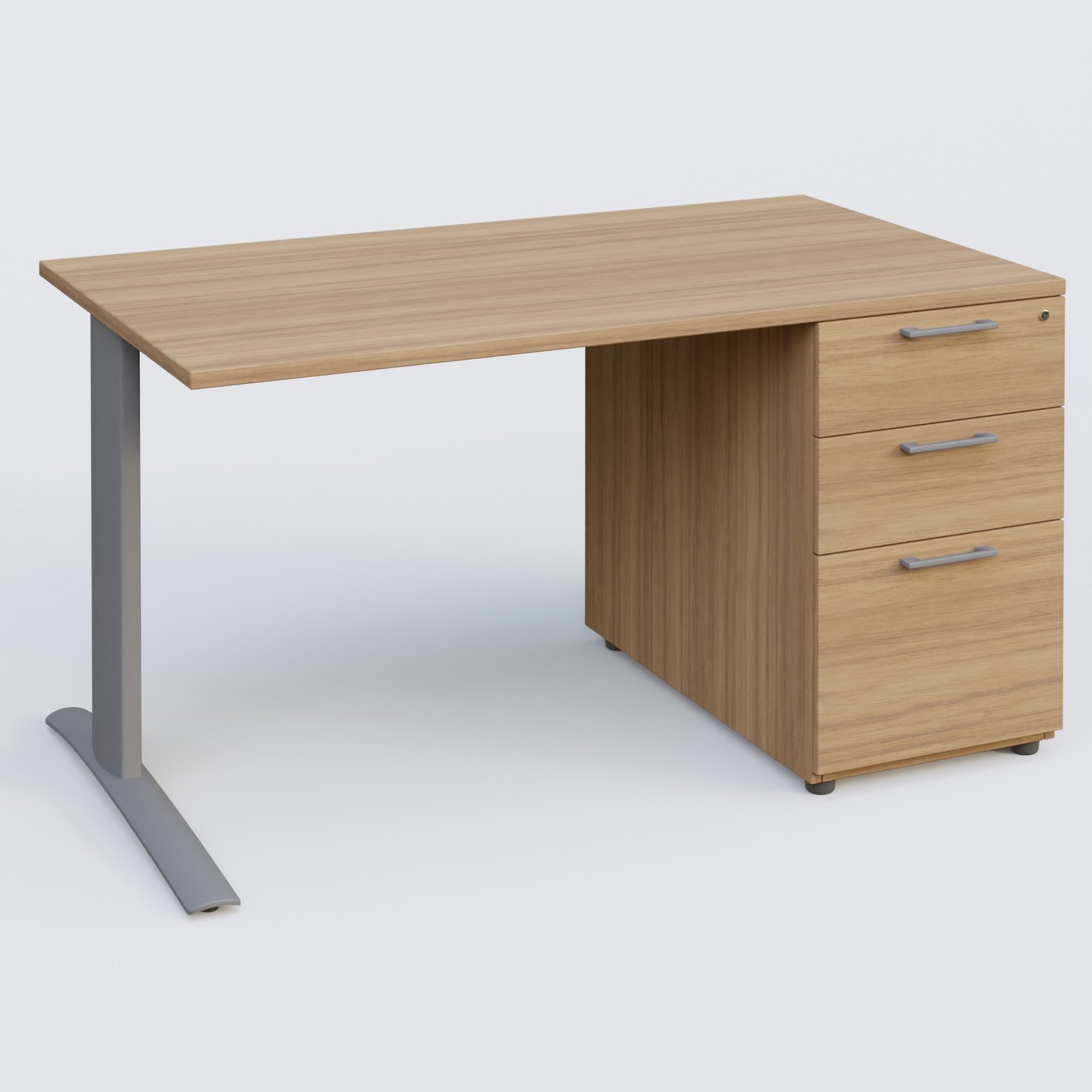 K1 Plateau droit 140x80 avec caisson porteur sous plateau mélamine à droite. Plateau Noyer et pietement Aluminium
