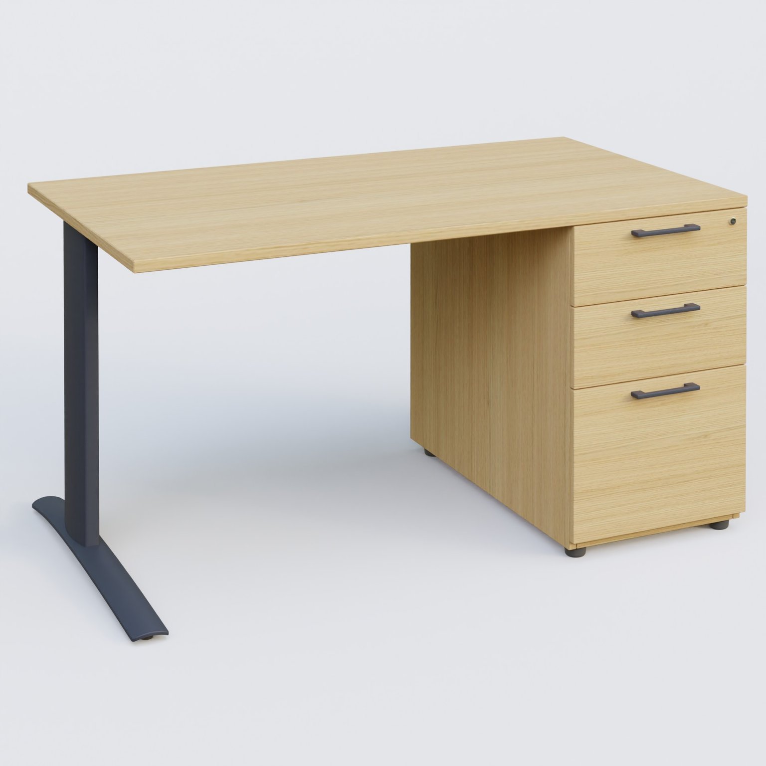 K1 Plateau droit 140x80 avec caisson porteur sous plateau mélamine à droite. Plateau Chêne clair et pietement Anthracite