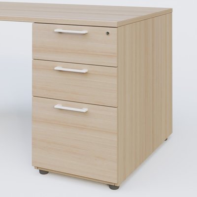 [Pas de famille] - [Pas de sous famille] - K1 Plateau droit 140x80 avec caisson porteur sous plateau mélamine à droite. Plateau Acacia et pietement Blanc