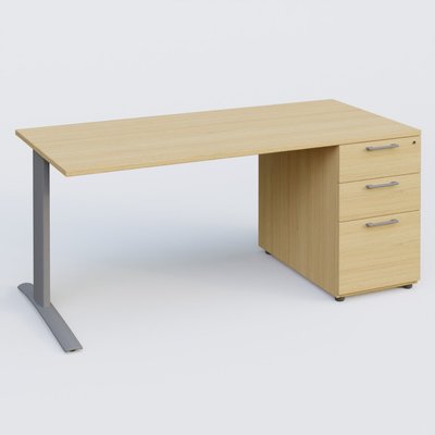 [Pas de famille] - [Pas de sous famille] - K1 Plateau droit 160x80 avec caisson porteur sous plateau mélamine à droite. Plateau Chêne clair et pietement Aluminium
