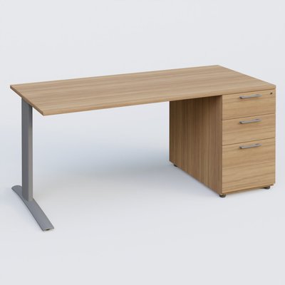 [Pas de famille] - [Pas de sous famille] - K1 Plateau droit 160x80 avec caisson porteur sous plateau mélamine à droite. Plateau Noyer et pietement Aluminium