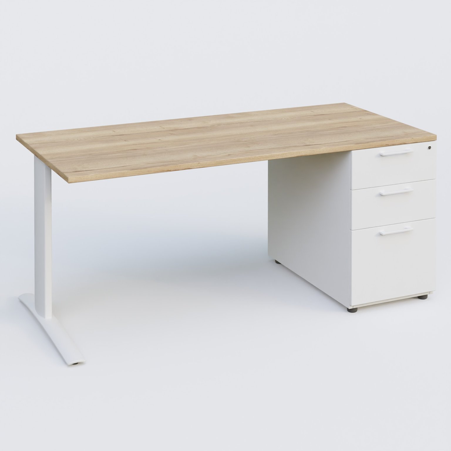 K1 Plateau droit 180x80 avec caisson porteur sous plateau mélamine à droite. Plateau Chêne naturel et pietement Blanc