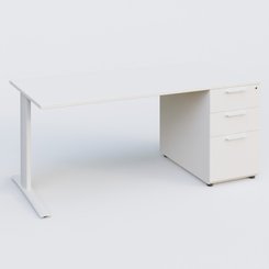 [Pas de famille] - [Pas de sous famille] - K1 Plateau droit 180x80 avec caisson porteur sous plateau mélamine à droite. Plateau Blanc et pietement Blanc