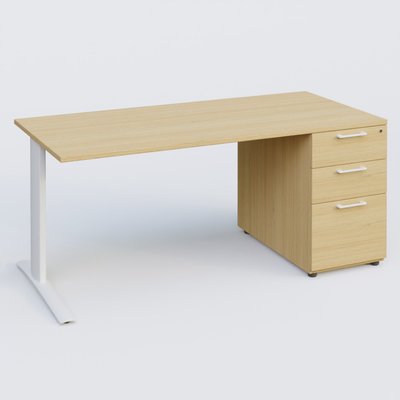 [Pas de famille] - [Pas de sous famille] - K1 Plateau droit 180x80 avec caisson porteur sous plateau mélamine à droite. Plateau Chêne clair et pietement Blanc