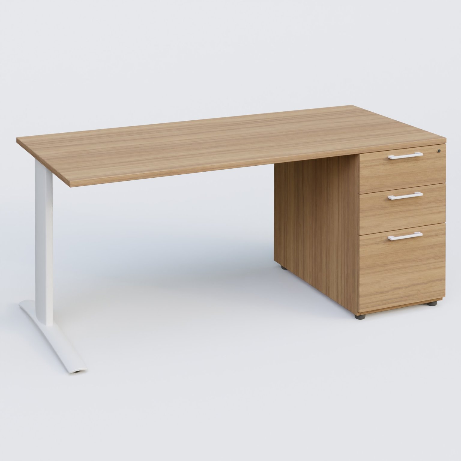 K1 Plateau droit 180x80 avec caisson porteur sous plateau mélamine à droite. Plateau Noyer et pietement Blanc