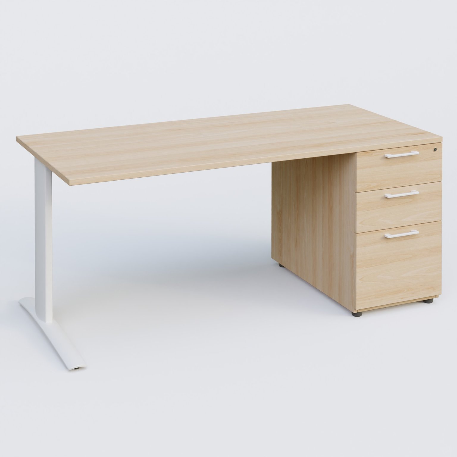 K1 Plateau droit 180x80 avec caisson porteur sous plateau mélamine à droite. Plateau Hêtre et pietement Blanc
