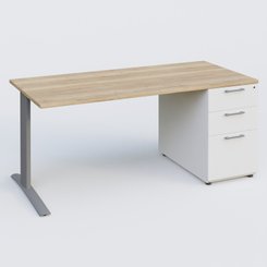 [Pas de famille] - [Pas de sous famille] - K1 Plateau droit 180x80 avec caisson porteur sous plateau mélamine à droite. Plateau Chêne naturel et pietement Aluminium