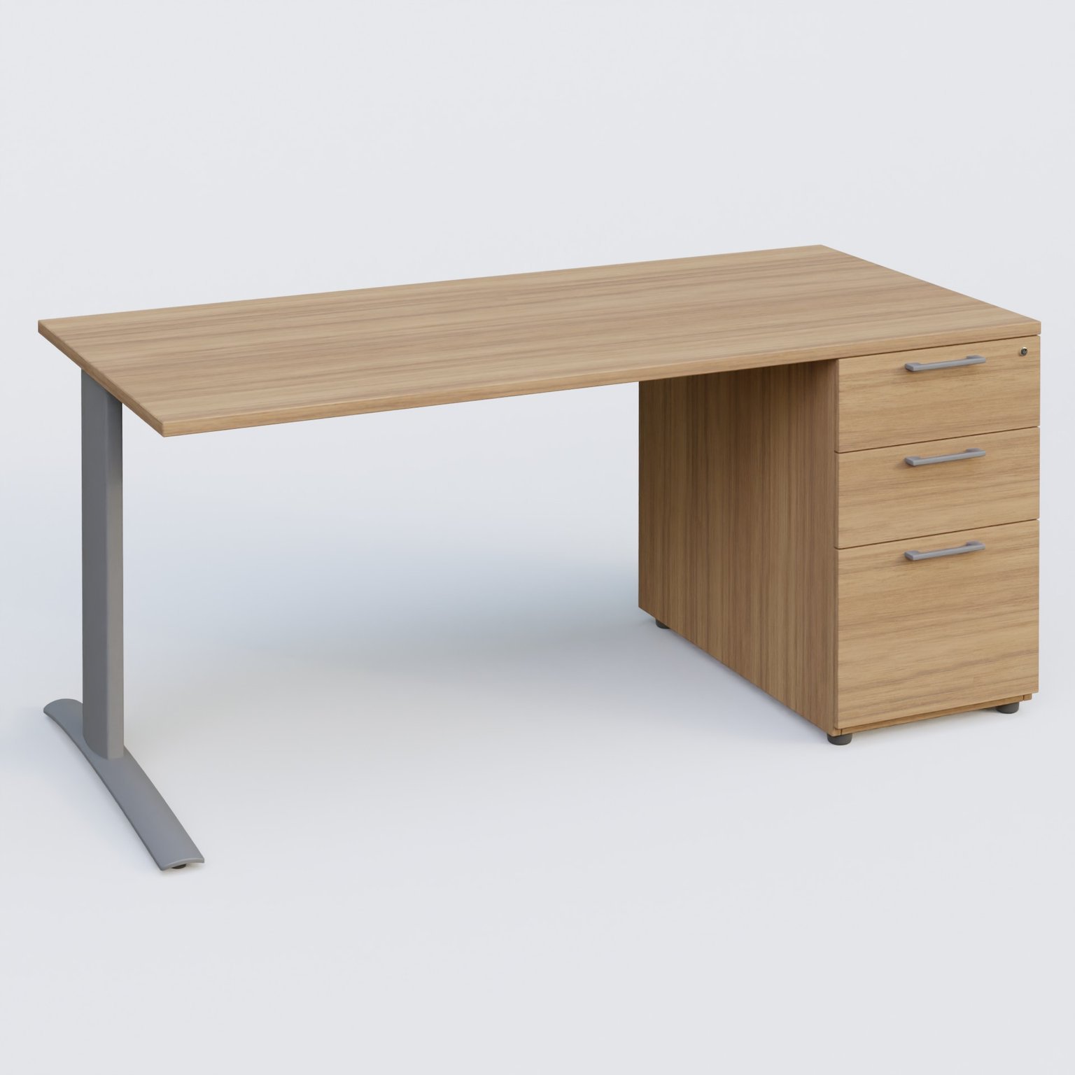 K1 Plateau droit 180x80 avec caisson porteur sous plateau mélamine à droite. Plateau Noyer et pietement Aluminium