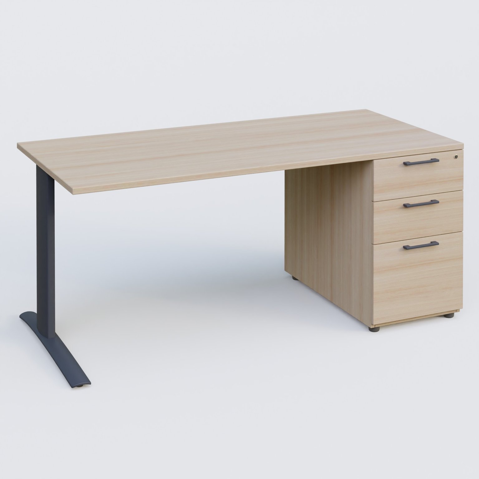 K1 Plateau droit 180x80 avec caisson porteur sous plateau mélamine à droite. Plateau Acacia et pietement Anthracite