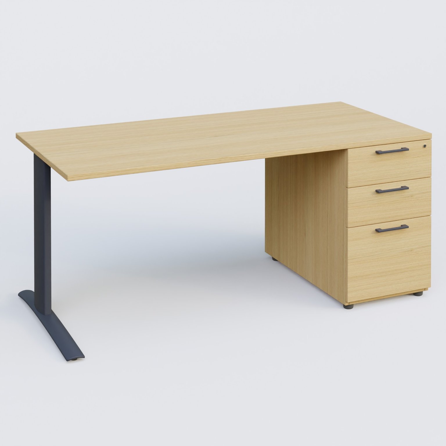 K1 Plateau droit 180x80 avec caisson porteur sous plateau mélamine à droite. Plateau Chêne clair et pietement Anthracite