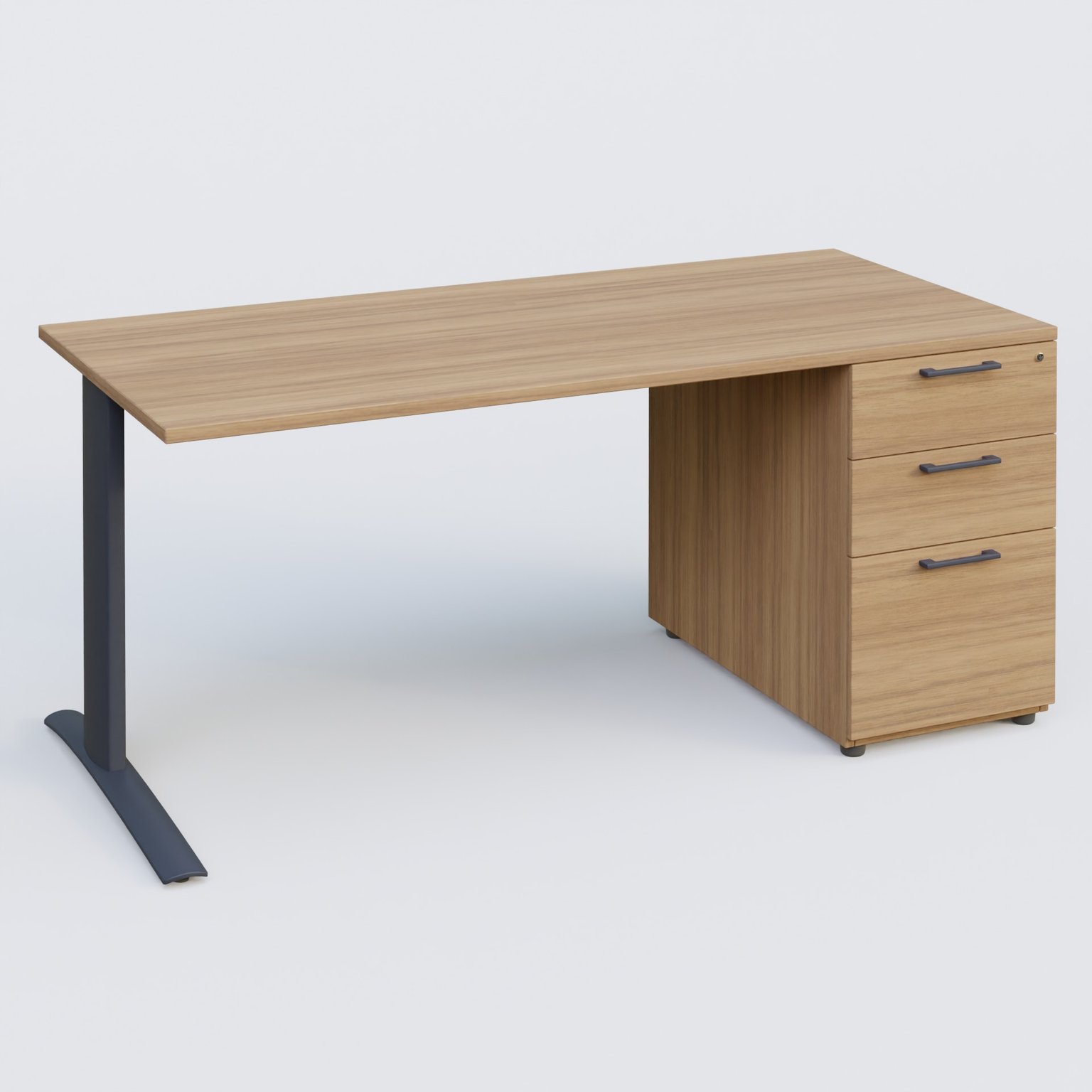 K1 Plateau droit 180x80 avec caisson porteur sous plateau mélamine à droite. Plateau Noyer et pietement Anthracite