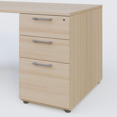 [Pas de famille] - [Pas de sous famille] - K1 Plateau droit 180x80 avec caisson porteur sous plateau mélamine à droite. Plateau Acacia et pietement Aluminium