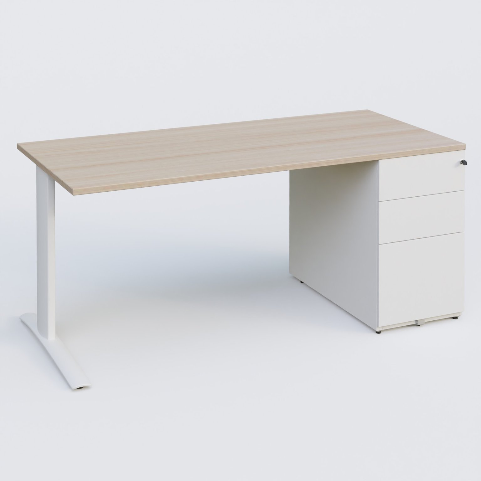 K1 Plateau droit 180x80 avec caisson métal porteur sous plateau à droite. Plateau Acacia et pietement Blanc