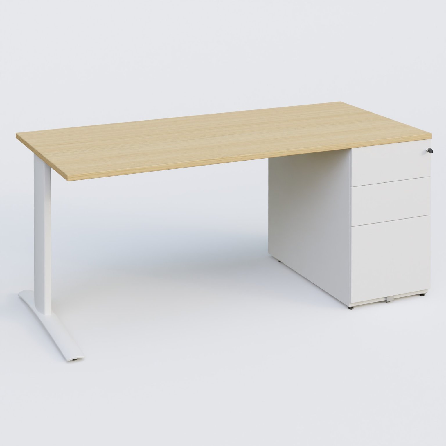 K1 Plateau droit 180x80 avec caisson métal porteur sous plateau à droite. Plateau Chêne clair et pietement Blanc