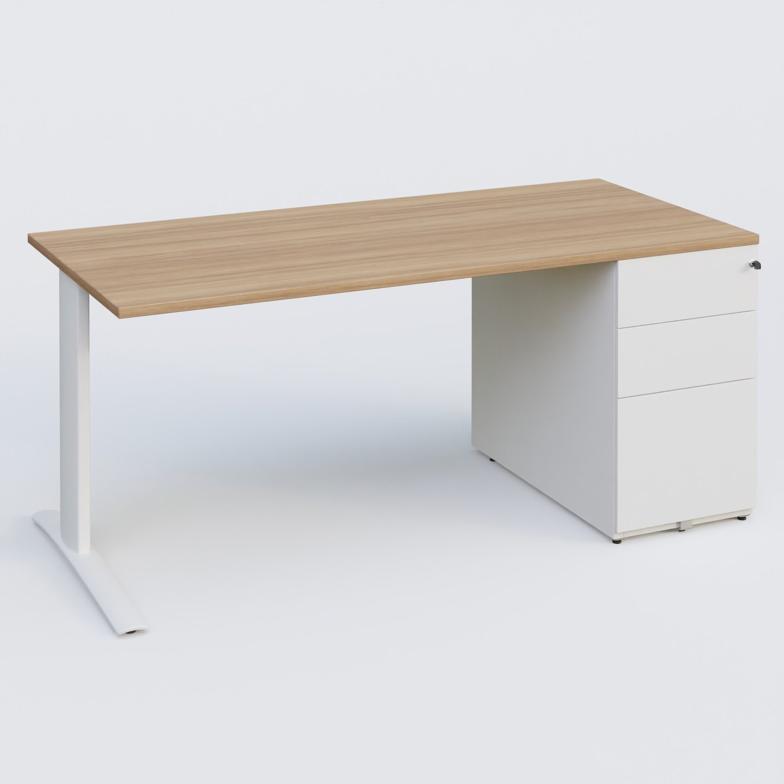 K1 Plateau droit 180x80 avec caisson métal porteur sous plateau à droite. Plateau Noyer et pietement Blanc