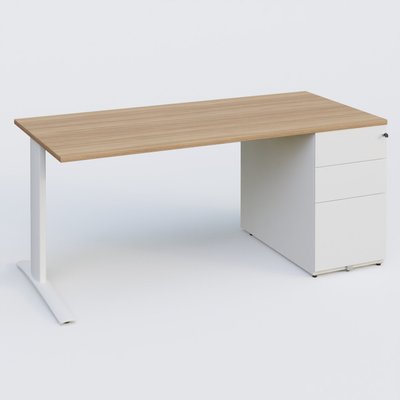 [Pas de famille] - [Pas de sous famille] - K1 Plateau droit 180x80 avec caisson métal porteur sous plateau à droite. Plateau Noyer et pietement Blanc